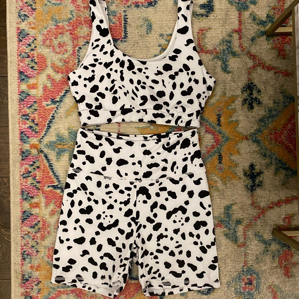 Cow print sports bra/biker shorts set!